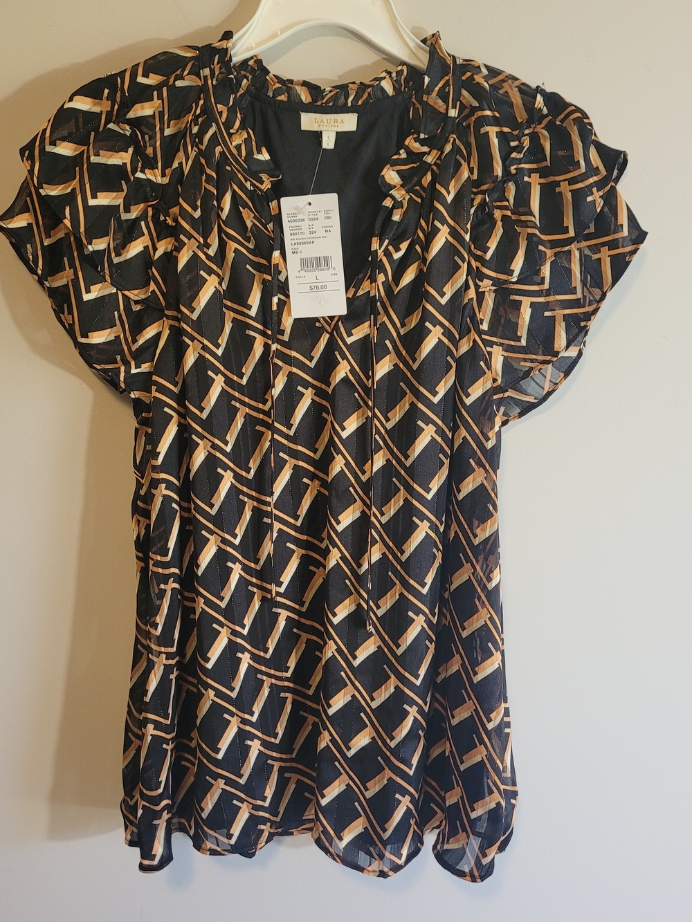 Laura Petites NWT Sheer Blouse Ruffle Neck Black Gold L - Picture 3 of 8